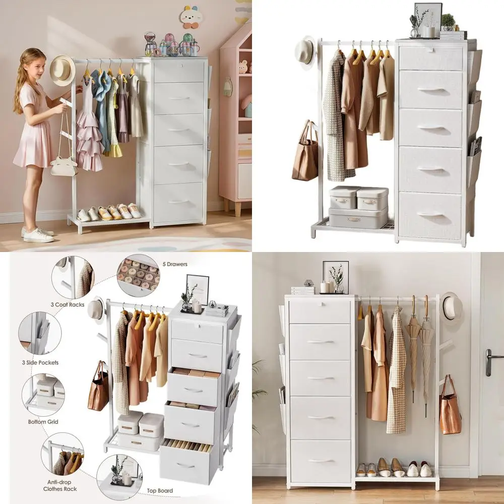 Dresser with Hanging Rack, Reversible Dresser for Bedroom with 5 Fabric Drawers & 3 Coat Racks & Side Pockets Small Dressers wit
Dresser with Hanging Rack, Reversible Dresser for Bedroom with 5 Fabric Drawers & 3 Coat Racks & Side Pockets Small Dressers wit