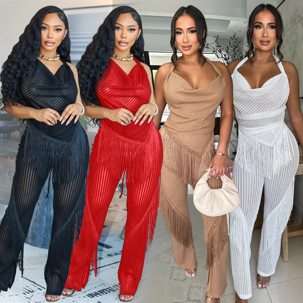 Two Piece Sets Pant Set Women Sexy Tassel Sleeveless Backless Tops Halter Long Pants Lace Up Elegant Splice High Waist Autumn
Two Piece Sets Pant Set Women Sexy Tassel Sleeveless Backless Tops Halter Long Pants Lace Up Elegant Splice High Waist Autumn