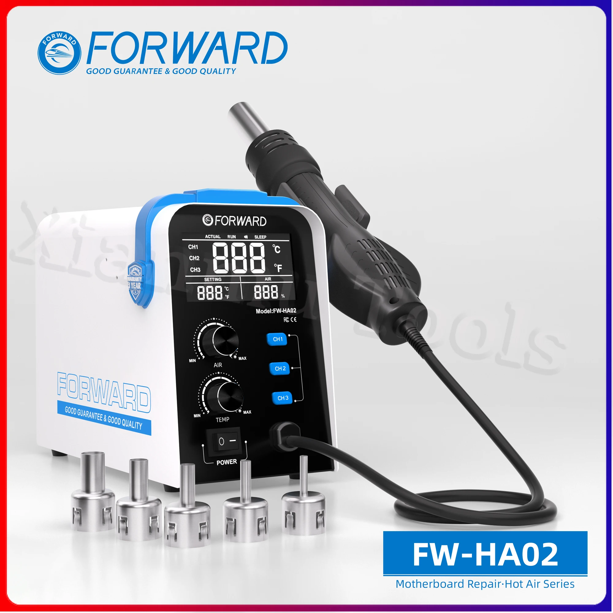 FORWARD HA02 Тепловая пушка Электрический цифровой дисплей Регулируемая температура Фен Термофена Пайка для ремонта мобильных телефонов
FORWARD HA02 Тепловая пушка Электрический цифровой дисплей Регулируемая температура Фен Термофена Пайка для ремонта мобильных телефонов