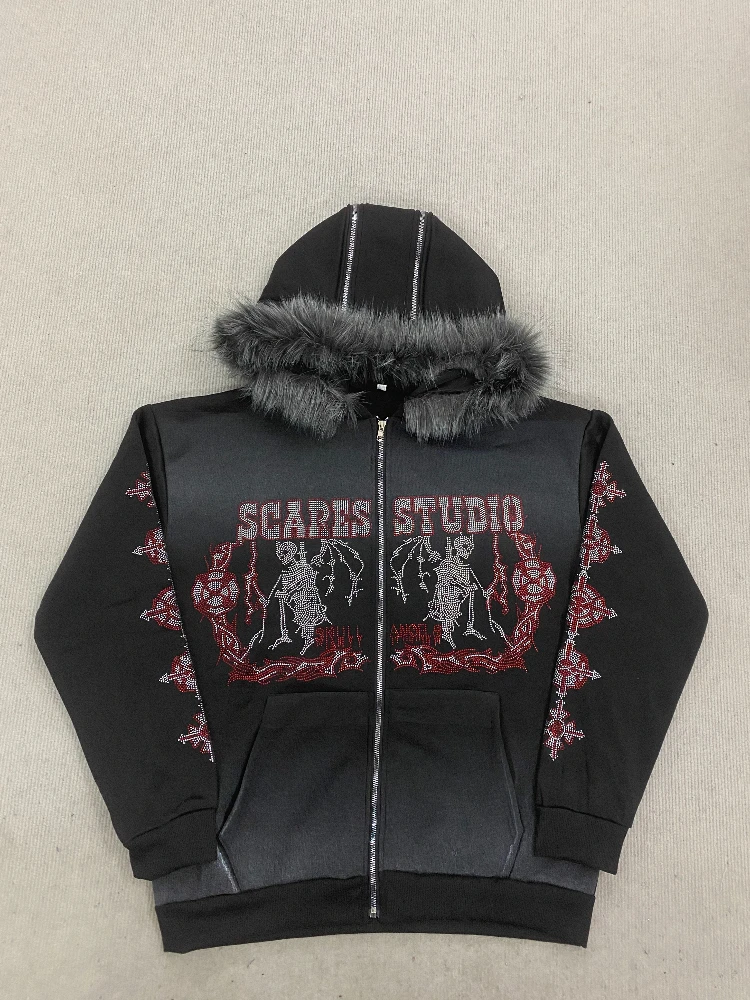 Retro American Zipper cardigan Hooded Sweatshirt with rhinestone Decoration Casual Sweater Fashionable Personalized Clothing
Retro American Zipper cardigan Hooded Sweatshirt with rhinestone Decoration Casual Sweater Fashionable Personalized Clothing