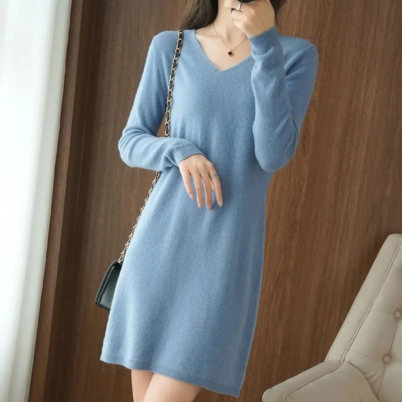Woolen Knitted Sweater Women's Autumn Winter Loose Mid length V-neck Pullover Sweater Female Solid Knitt Dress Fashion Top
Woolen Knitted Sweater Women's Autumn Winter Loose Mid length V-neck Pullover Sweater Female Solid Knitt Dress Fashion Top