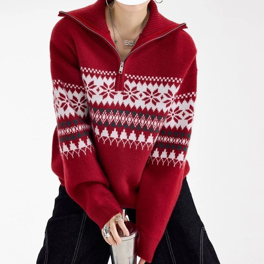 Vintage Fair Island Zipper Autumn and Winter Red Jacquard Turtleneck Autumn and Winter Lazy Knitted Sweater Top
Vintage Fair Island Zipper Autumn and Winter Red Jacquard Turtleneck Autumn and Winter Lazy Knitted Sweater Top