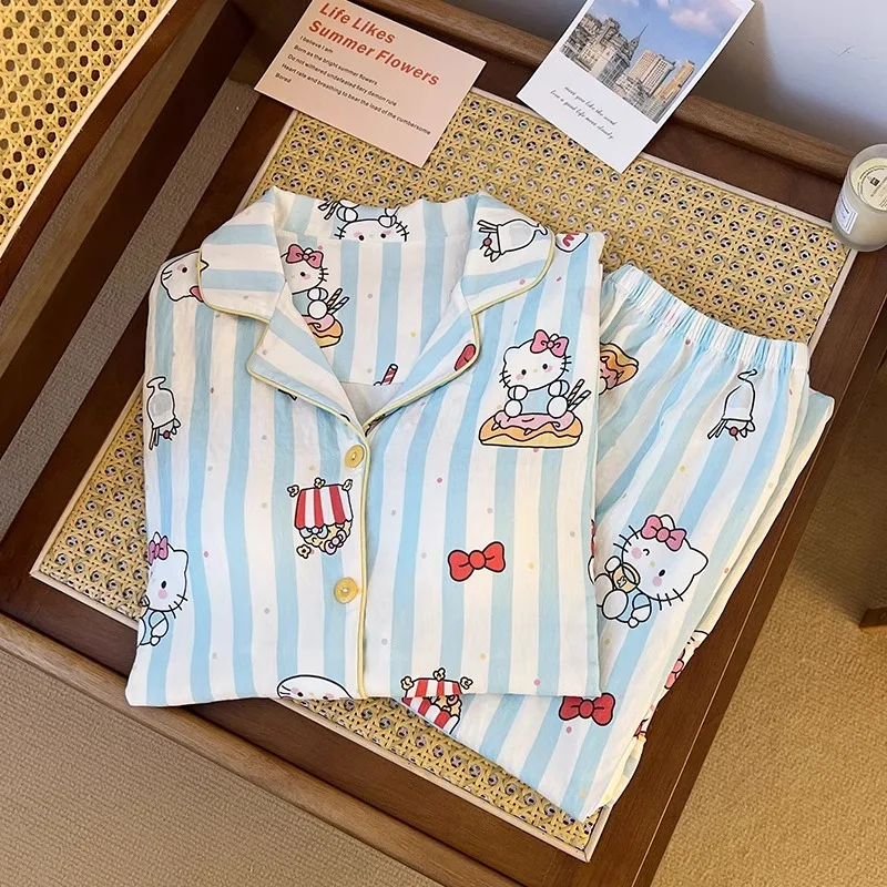 Синие пижамы Hello Kitty, новая весенне-осенняя домашняя одежда из чистого хлопка, милые пижамы из двух предметов с героями мультфильмов, одежда для дома Sanrio
Синие пижамы Hello Kitty, новая весенне-осенняя домашняя одежда из чистого хлопка, милые пижамы из двух предметов с героями мультфильмов, одежда для дома Sanrio