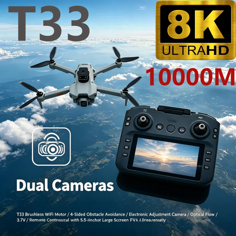 T33 Drone with Laser Obstacle Avoidance 8K Dual Camera WiFi FPV Brushless 4.5 Inch Screen Fixed Altitude for Aerial Photography
T33 Drone with Laser Obstacle Avoidance 8K Dual Camera WiFi FPV Brushless 4.5 Inch Screen Fixed Altitude for Aerial Photography