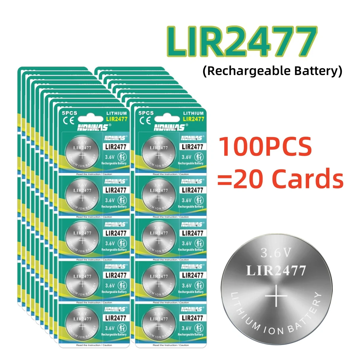 100PCS LIR2477 3.6V Lithium Rechargeable Battery Replace CR2477 For Watch Calculator Tablets Remote Control Camera Clocks
100PCS LIR2477 3.6V Lithium Rechargeable Battery Replace CR2477 For Watch Calculator Tablets Remote Control Camera Clocks