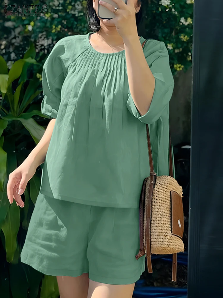 ZANZEA Women Casual Short Sets 2025 Summer Pleated-Bib Half Sleeve Tops Elastic Waist Shorts 2PCS Outfits Holiday Solid Suits
ZANZEA Women Casual Short Sets 2025 Summer Pleated-Bib Half Sleeve Tops Elastic Waist Shorts 2PCS Outfits Holiday Solid Suits