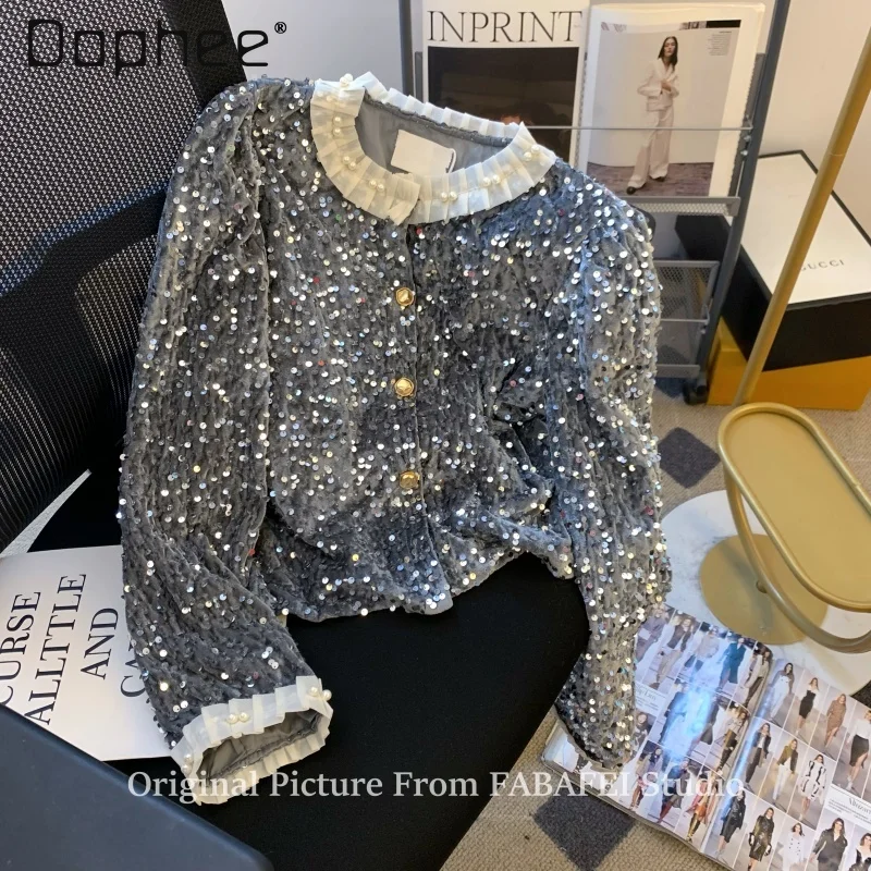 Heavy Industry Sequined Velvet Shirt Women Spring New Korean Trend Beaded Fungus Edge Round Neck Long-sleeved Camisas De Mujer
Heavy Industry Sequined Velvet Shirt Women Spring New Korean Trend Beaded Fungus Edge Round Neck Long-sleeved Camisas De Mujer