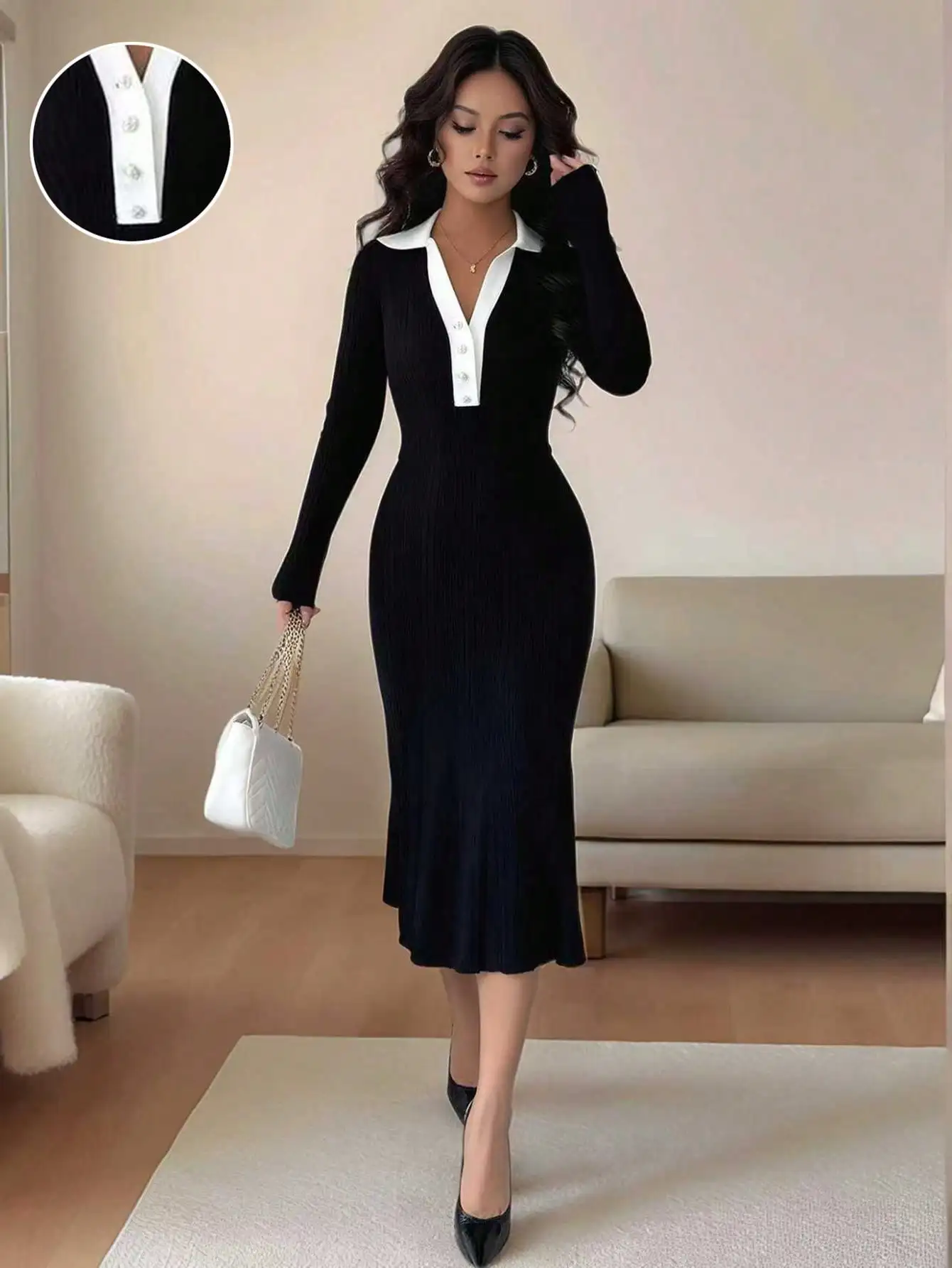 Женское трикотажное платье-поло с длинным рукавом, приталенного силуэта, с контрастной белой планкой, черно-белый осенне-зимний стиль
Женское трикотажное платье-поло с длинным рукавом, приталенного силуэта, с контрастной белой планкой, черно-белый осенне-зимний стиль