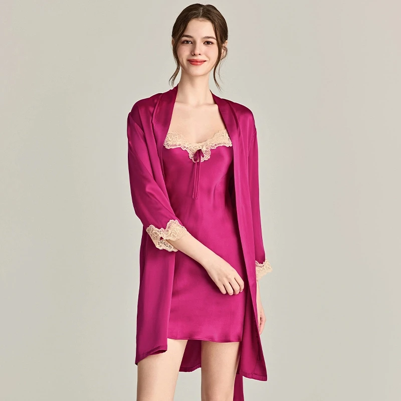 19MM 100% Mulberry Silk Kimono Robe and Nightdress Two-piece Set V Neck Sexy Lace Bathrobe Gown Suit Bow Tie Bride Dressing Gown
19MM 100% Mulberry Silk Kimono Robe and Nightdress Two-piece Set V Neck Sexy Lace Bathrobe Gown Suit Bow Tie Bride Dressing Gown