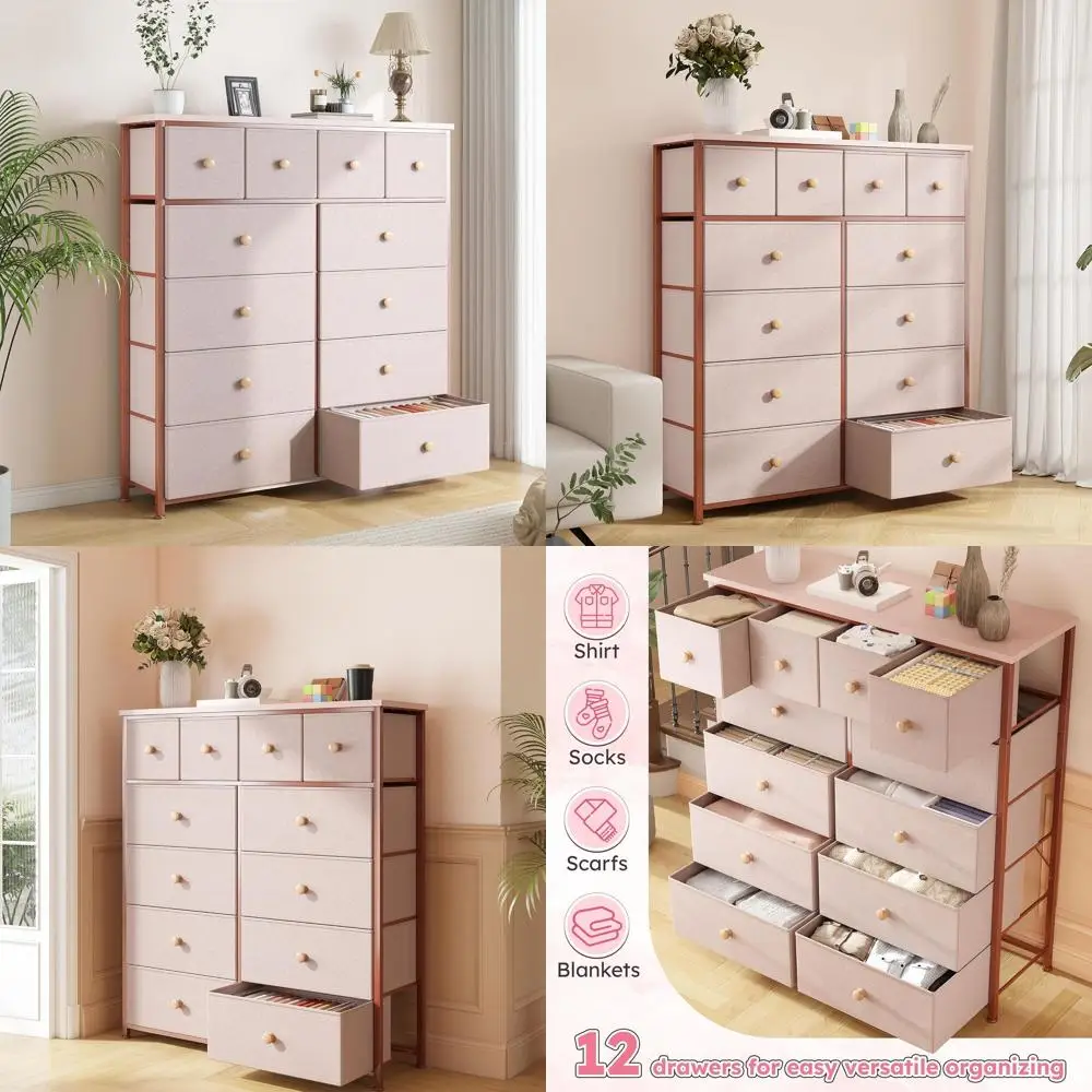12-Drawer Bedroom Set with Fabric Drawers and Chest of Drawers, Metal Frame, Wooden Top, Pink, 40.6W x 11.8D x 44.5H
12-Drawer Bedroom Set with Fabric Drawers and Chest of Drawers, Metal Frame, Wooden Top, Pink, 40.6W x 11.8D x 44.5H