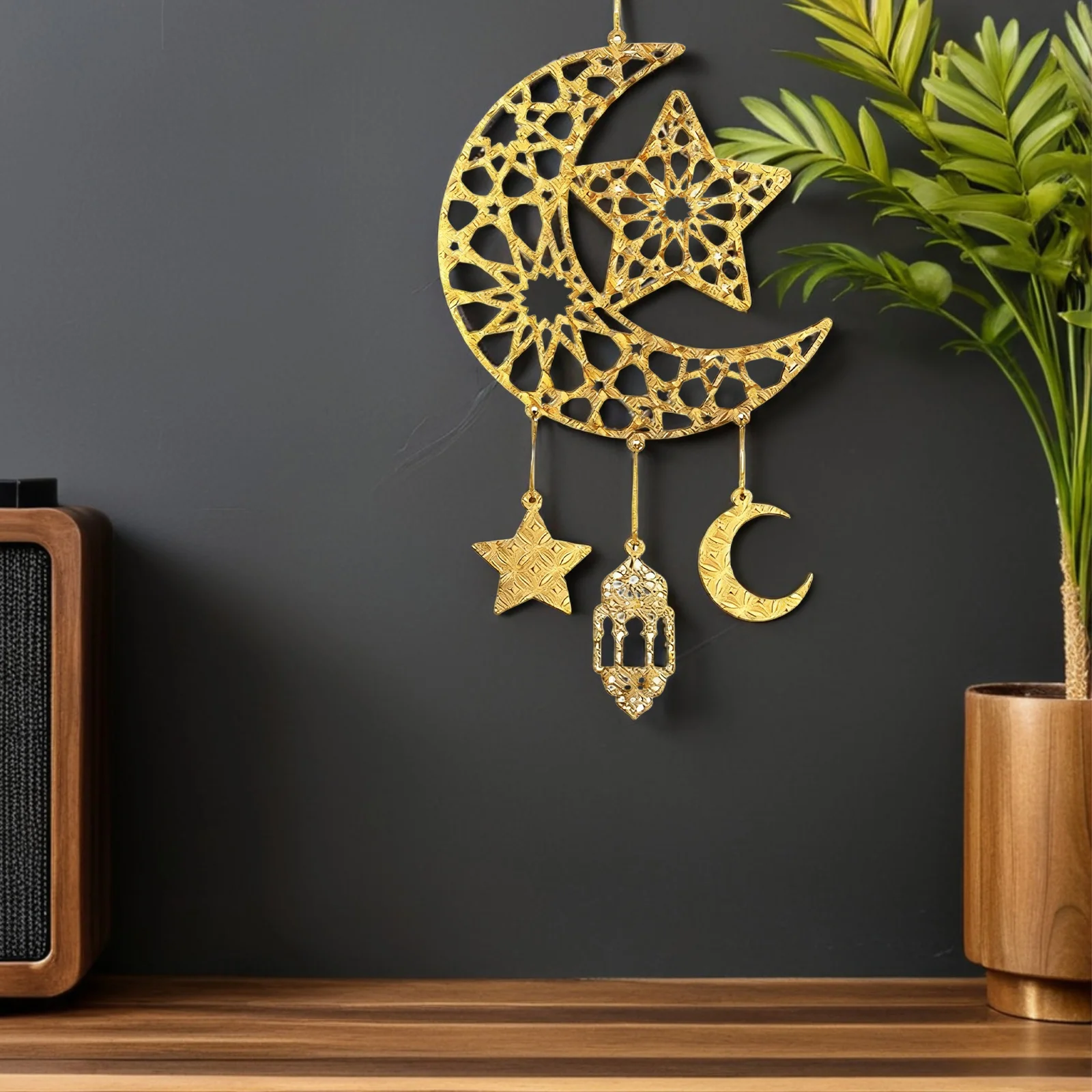 Golden Hollow Star Moon Lanterns 36x23cm Islamic Wall Hanging Sign Ramadan Mubarak Eid Hanging Decor for Living Room Kitchen
Golden Hollow Star Moon Lanterns 36x23cm Islamic Wall Hanging Sign Ramadan Mubarak Eid Hanging Decor for Living Room Kitchen