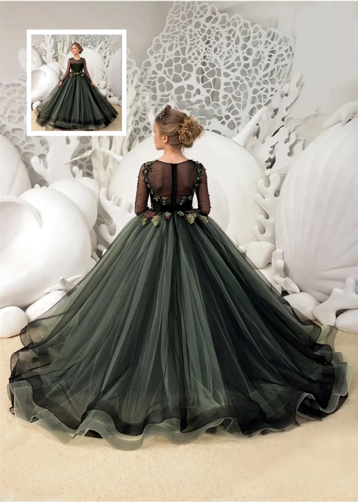 Elegant Green Flower Girl Dress Full Sleeve Girls Birthday Pageant Appliques Black Sage Tulle Wedding Dresses Customized Color
Elegant Green Flower Girl Dress Full Sleeve Girls Birthday Pageant Appliques Black Sage Tulle Wedding Dresses Customized Color