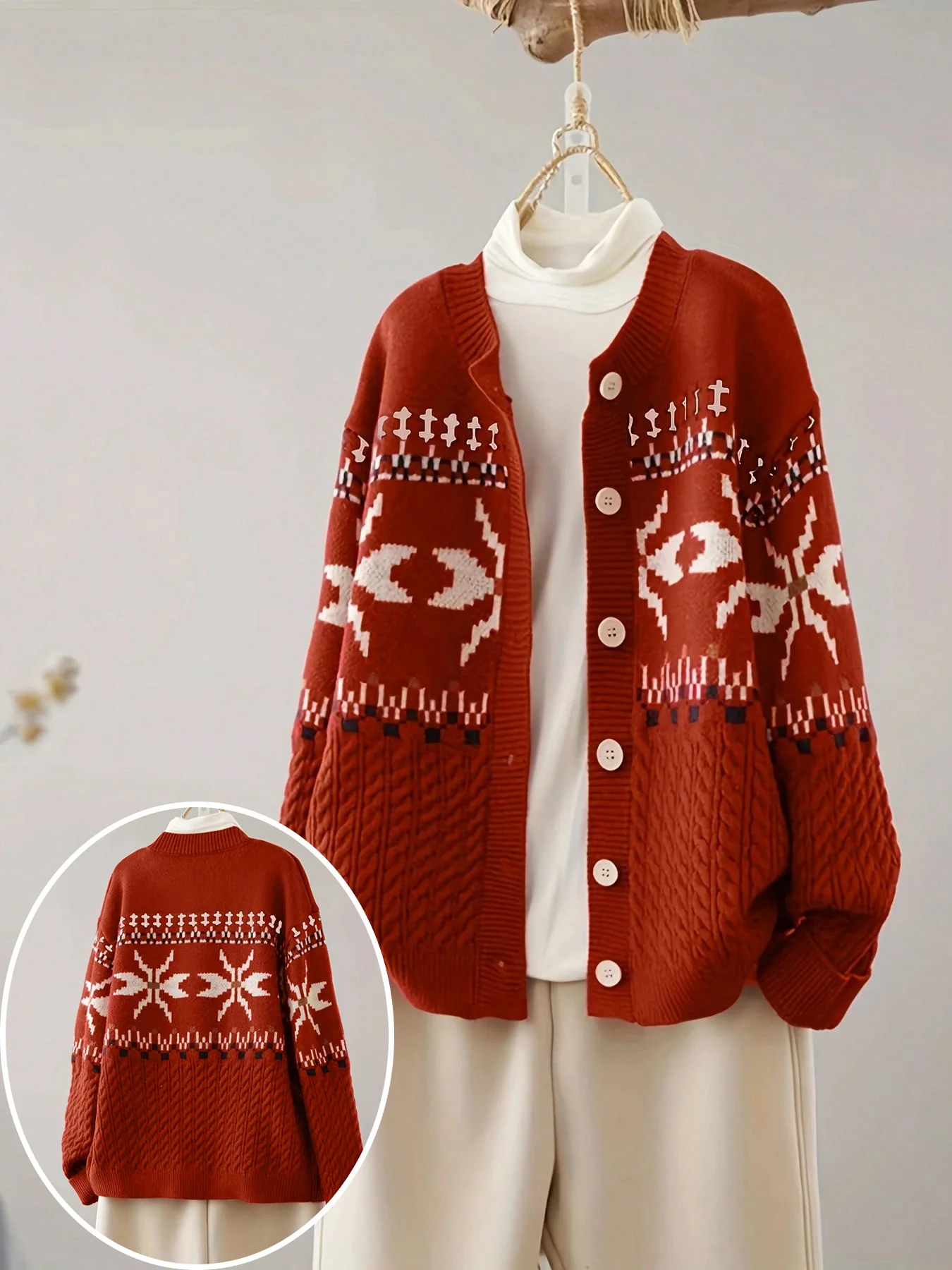 Plus Size Women's French Red V Neck Cardigan, Nordic Snowflake Jacquard Button Front Lazy Fit Fall Winter Knit Coat
Plus Size Women's French Red V Neck Cardigan, Nordic Snowflake Jacquard Button Front Lazy Fit Fall Winter Knit Coat