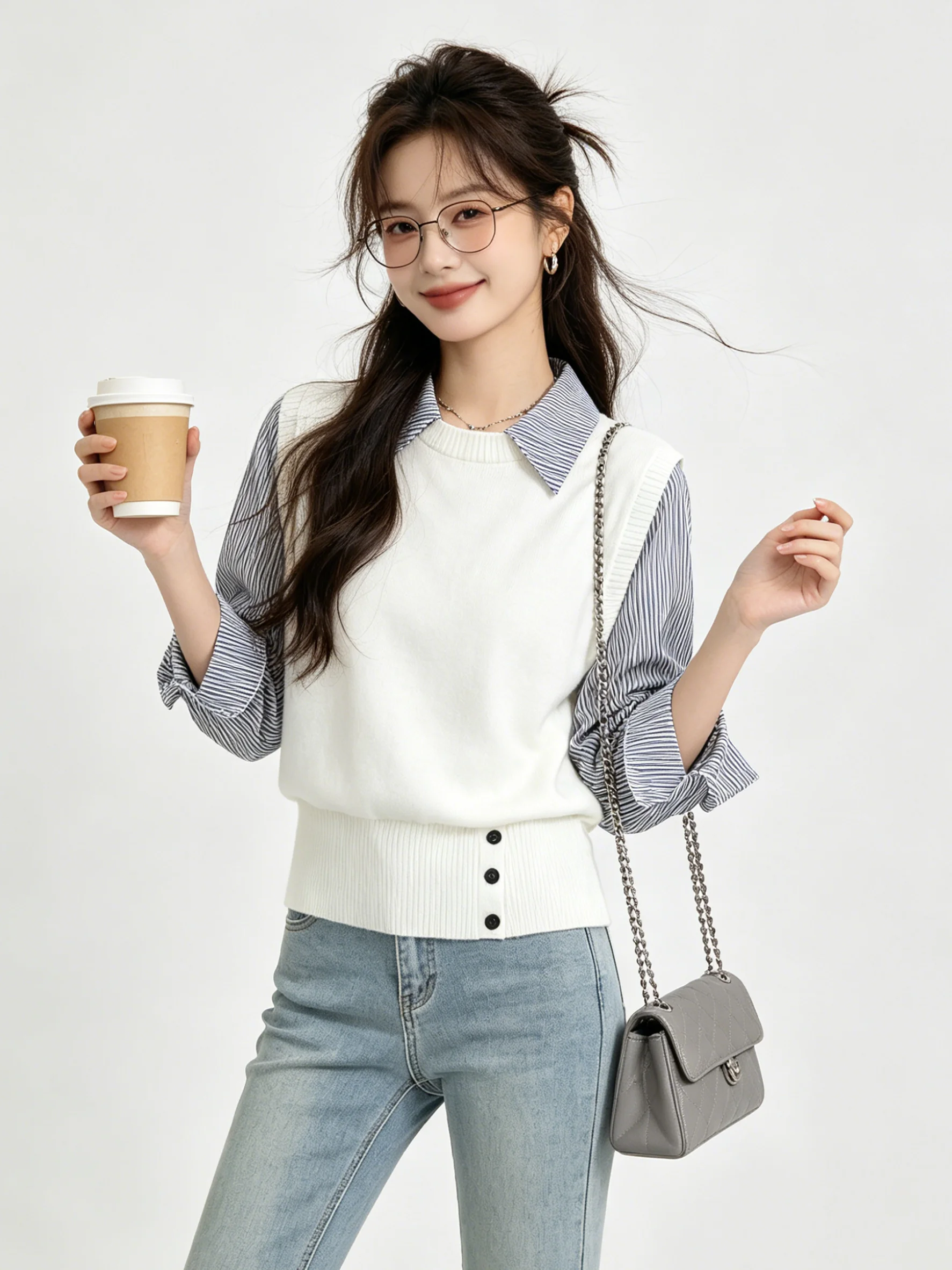 Casual Korean Style Stripe Knitted Shirt Fake Two-Piece Slim Fit Soft Skin-Friendly Overhead Top for Young Women
Casual Korean Style Stripe Knitted Shirt Fake Two-Piece Slim Fit Soft Skin-Friendly Overhead Top for Young Women
