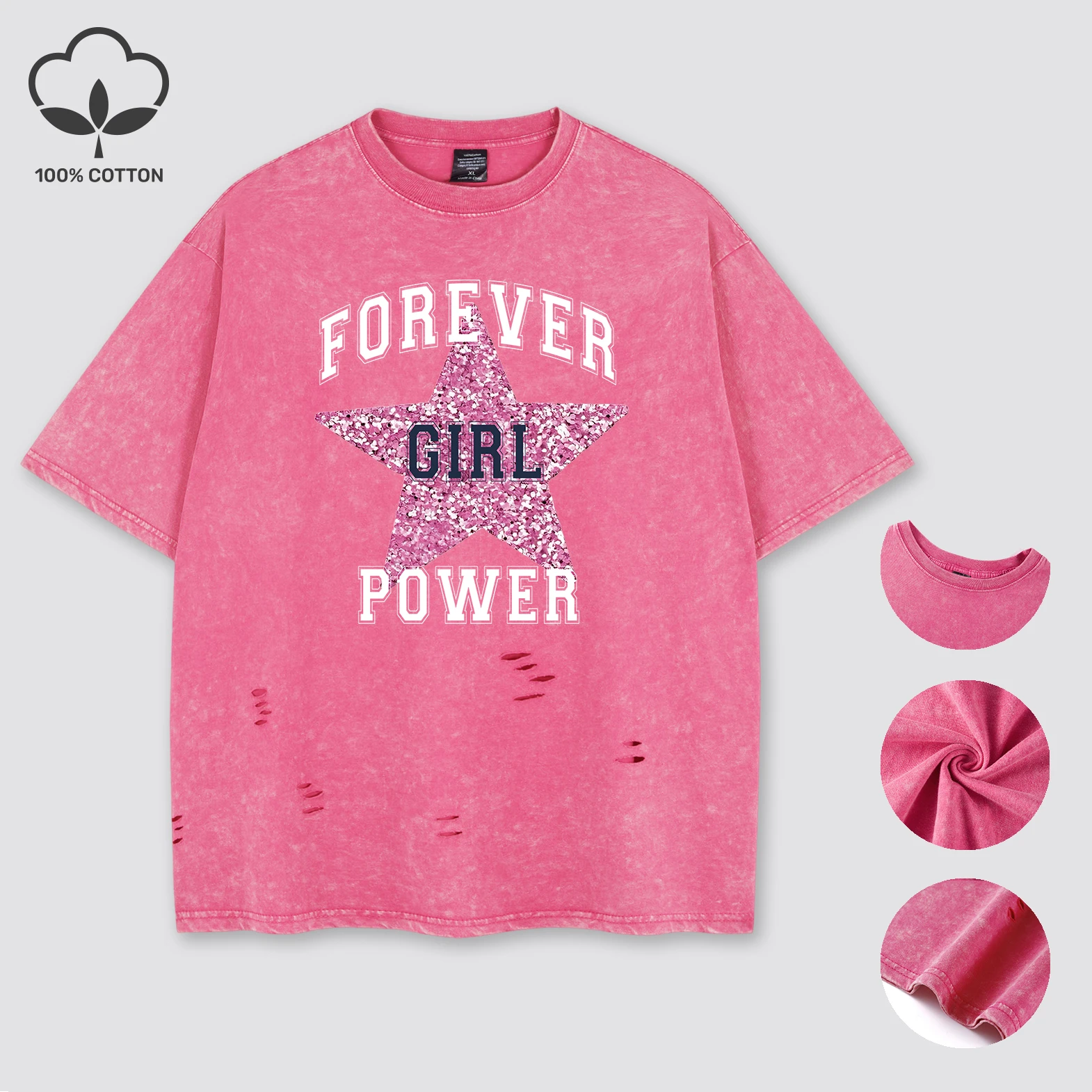 Forever Girl Power Pink Star Washed Women T Shirts Casual Hip Hop Tee Soft Trendy Cotton Sportwear Breathable Holes Top Female
Forever Girl Power Pink Star Washed Women T Shirts Casual Hip Hop Tee Soft Trendy Cotton Sportwear Breathable Holes Top Female