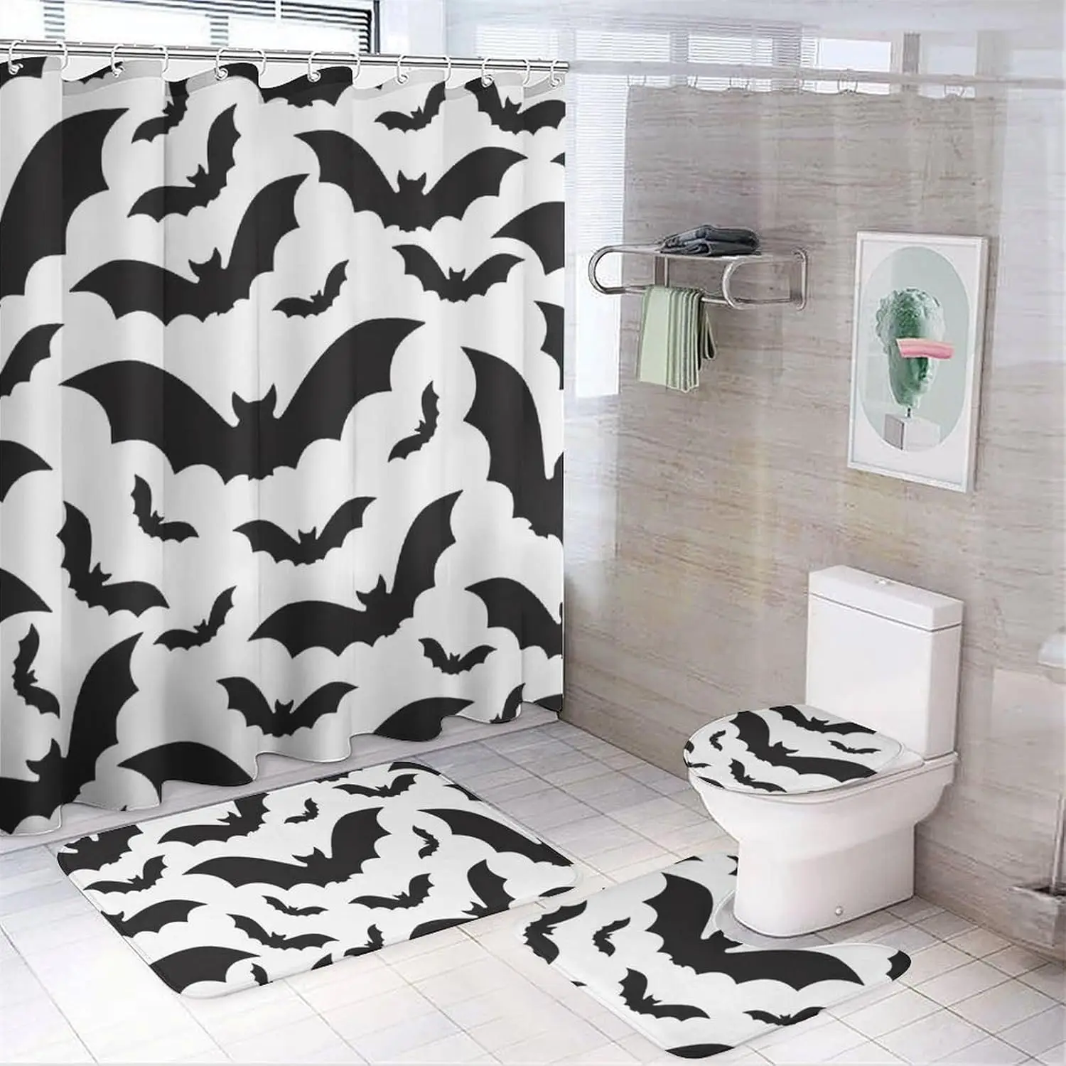 Жуткие летучие мыши на Хэллоуин, черный набор из 4 предметов для ванной комнаты с коралловыми флисовыми ковриками, крышкой унитаза и водонепроницаемой тканью Оксфорд для душа
Жуткие летучие мыши на Хэллоуин, черный набор из 4 предметов для ванной комнаты с коралловыми флисовыми ковриками, крышкой унитаза и водонепроницаемой тканью Оксфорд для душа
