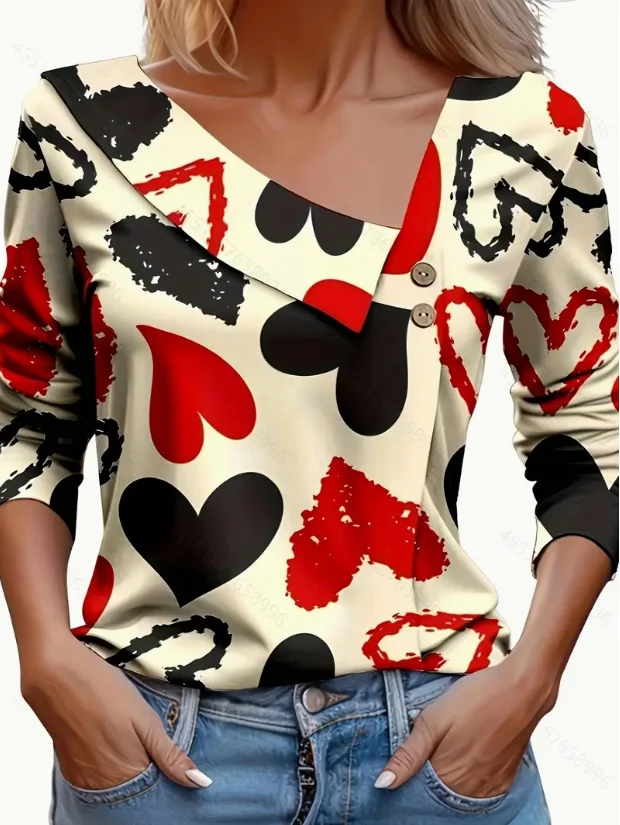 Heart Print Button Decor T-Shirt, Casual Asymmetrical Neck Long Sleeve Top For Spring & Fall, Women's Clothing
Heart Print Button Decor T-Shirt, Casual Asymmetrical Neck Long Sleeve Top For Spring & Fall, Women's Clothing