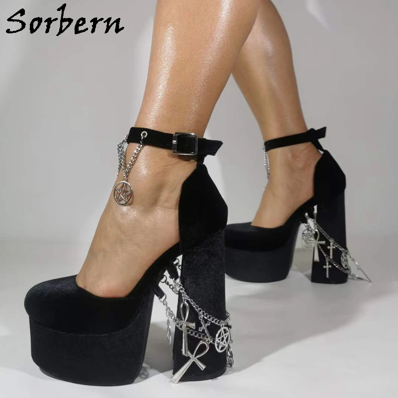 Sorbern Black Velvet Ankle Strap Women Pump Shoes Platform Block High Heels With Chains Charming Drops Round Toe Shoe Custom
Sorbern Black Velvet Ankle Strap Women Pump Shoes Platform Block High Heels With Chains Charming Drops Round Toe Shoe Custom