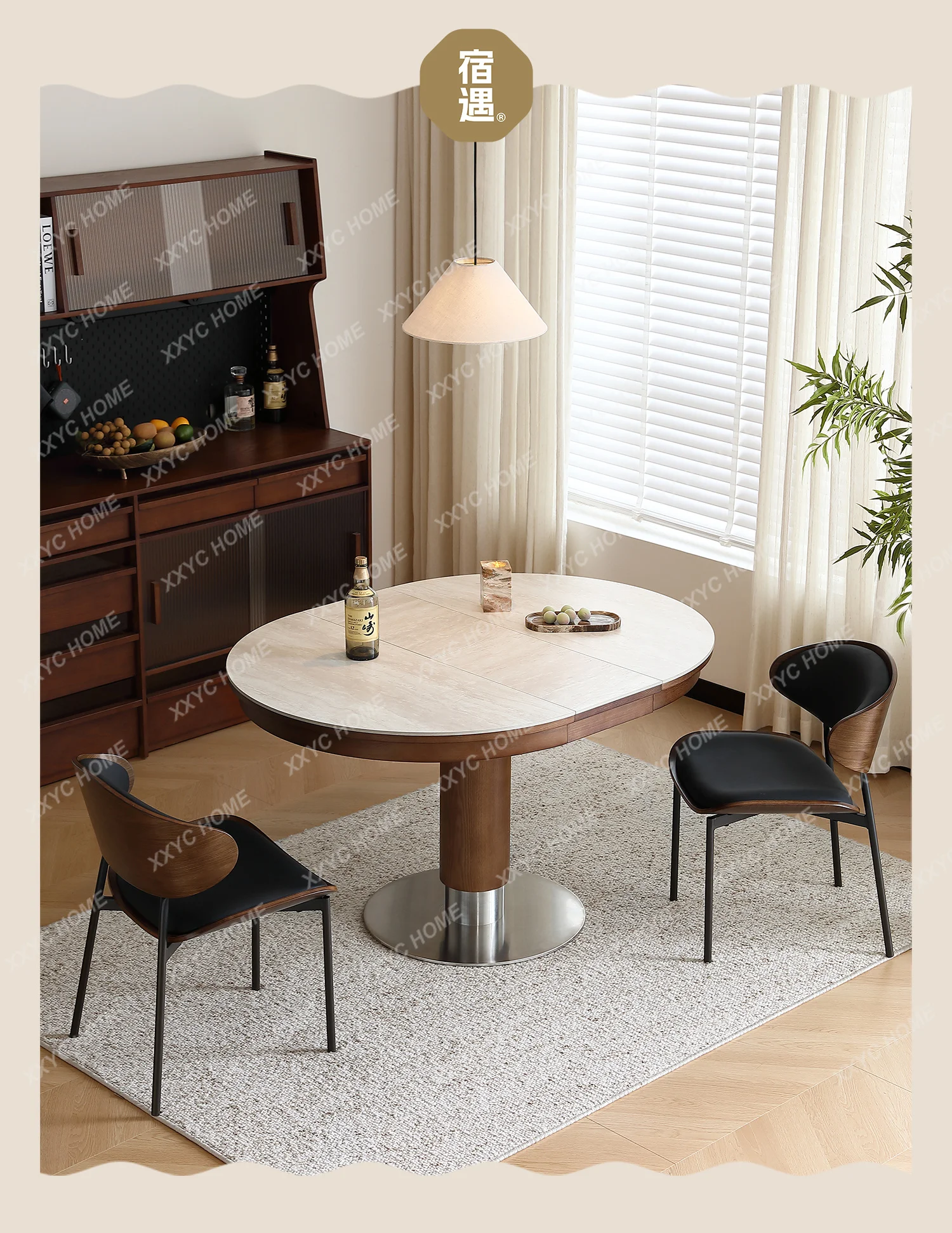 Retractable oval medieval travertine rock slab solid wood small apartment round dining table and chairs
Retractable oval medieval travertine rock slab solid wood small apartment round dining table and chairs
