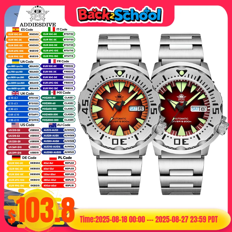 ADDIESDIVE Men Monster Watch AD2103 Luminous Sapphire Glass NH36 Diver Water Resistant 316L Stainless Steel Mechanical Watches
ADDIESDIVE Men Monster Watch AD2103 Luminous Sapphire Glass NH36 Diver Water Resistant 316L Stainless Steel Mechanical Watches