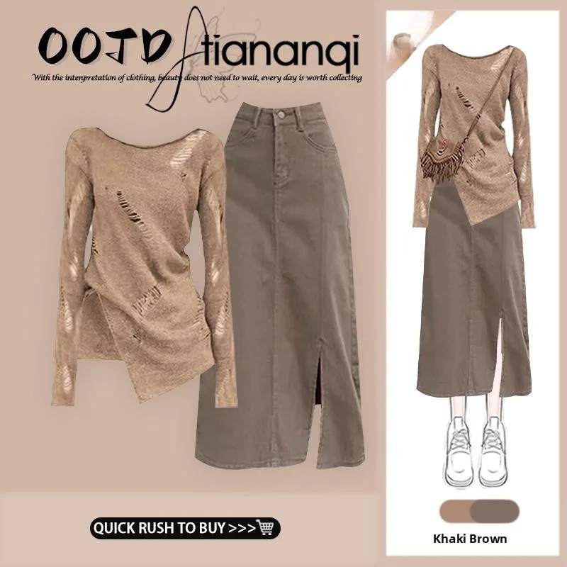 Women's Hollow out Knitwear Long Sleeve round Neck Design Sensation Hole Bodycon Top Vintage Split Skirt Fashion Set
Women's Hollow out Knitwear Long Sleeve round Neck Design Sensation Hole Bodycon Top Vintage Split Skirt Fashion Set