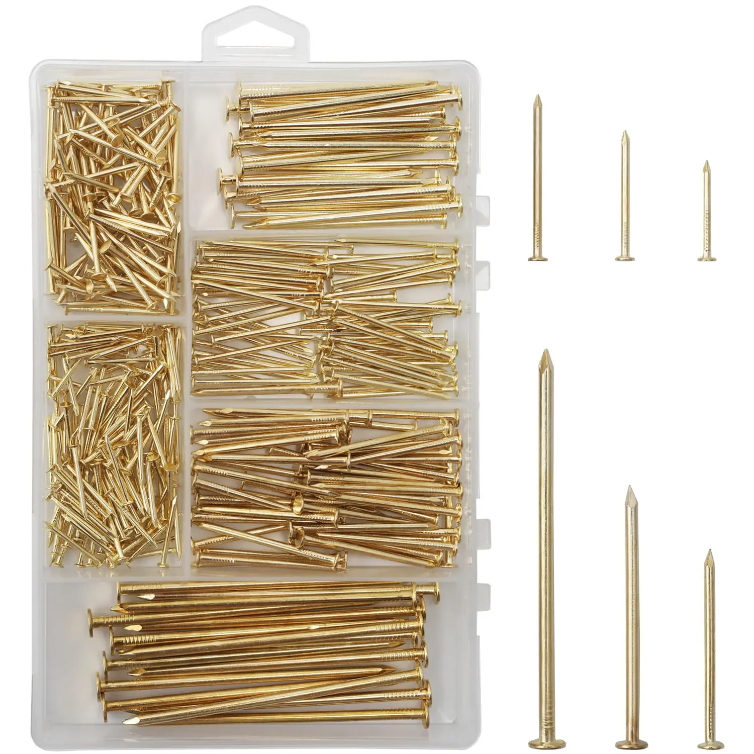 358 pcs 6 Sizes Gold Hardware Nail Assortment Set, Brass Plated, Hanging Nails, Trim Nails, Wood Nails, Wall Nails
358 pcs 6 Sizes Gold Hardware Nail Assortment Set, Brass Plated, Hanging Nails, Trim Nails, Wood Nails, Wall Nails