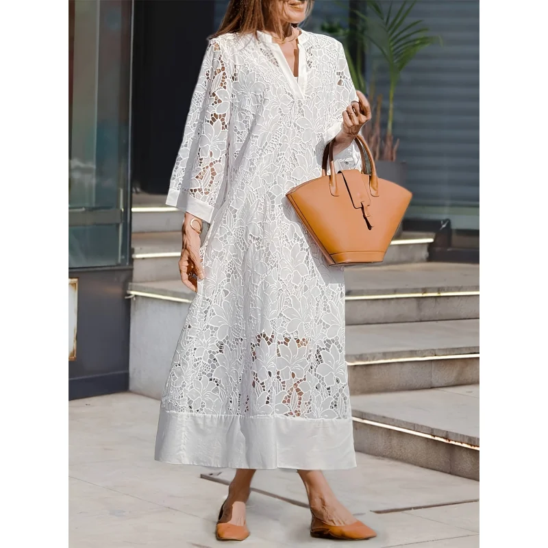 Elegant V-Neck Lace Maxi Dress - Women's Vintage 3/4 Bell Sleeve A-Line Asymmetrical Hem Dress for Wedding Guest Summer
Elegant V-Neck Lace Maxi Dress - Women's Vintage 3/4 Bell Sleeve A-Line Asymmetrical Hem Dress for Wedding Guest Summer