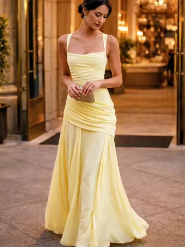 Womens 2026 Yellow Square Neck Strap Ruched High Waist Slim Maxi Dress Elegant Summer Birthday Evening Party Robe For Ladies
Womens 2026 Yellow Square Neck Strap Ruched High Waist Slim Maxi Dress Elegant Summer Birthday Evening Party Robe For Ladies