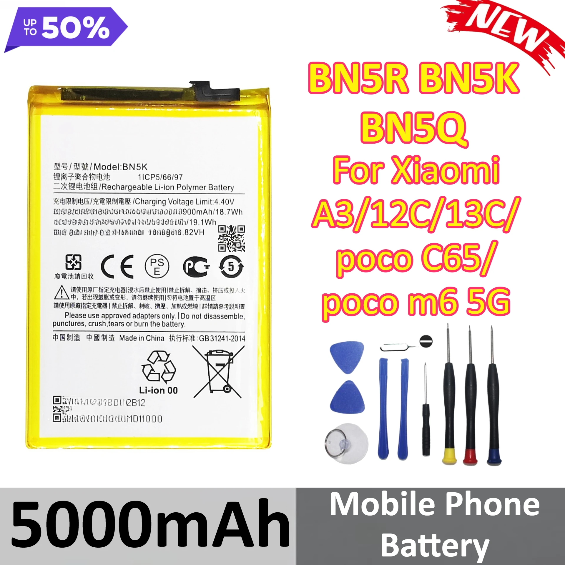 5000mAh BN5R BN5K BN5Q Battery For Xiaomi A3/12C/13C/poco C65/poco m6 5G Mobile Phone Battery +Tools
5000mAh BN5R BN5K BN5Q Battery For Xiaomi A3/12C/13C/poco C65/poco m6 5G Mobile Phone Battery +Tools