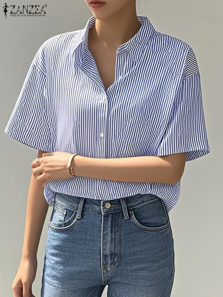 2025 Summer Office Striped Shirts ZANZEA Women Short Sleeve Work OL Blouse Fashion Lapel Neck Blusas Buttons Tunic Tops Oversize 
2025 Summer Office Striped Shirts ZANZEA Women Short Sleeve Work OL Blouse Fashion Lapel Neck Blusas Buttons Tunic Tops Oversize