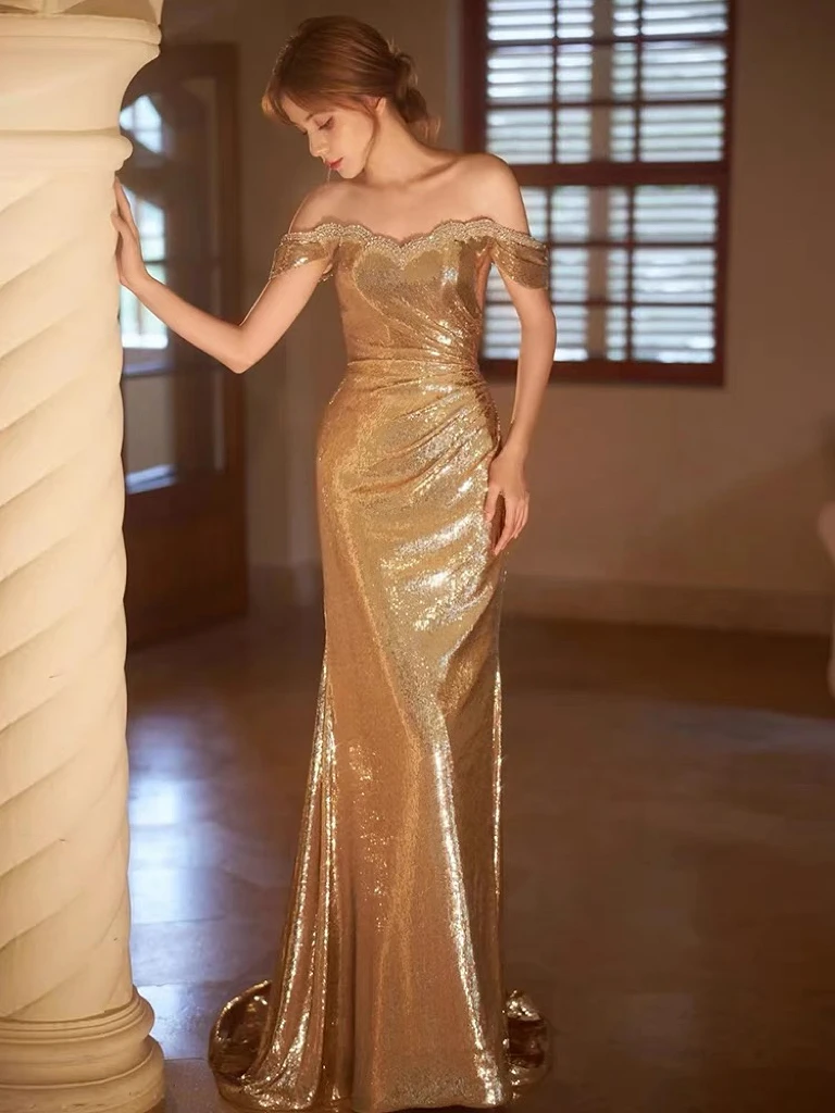 Luxury Golden Prom Dresses Off The Shoulder Mermaid Sequins Beading Ruched Long Woman Elegant Host Formal Occasion Prom Gowns
Luxury Golden Prom Dresses Off The Shoulder Mermaid Sequins Beading Ruched Long Woman Elegant Host Formal Occasion Prom Gowns