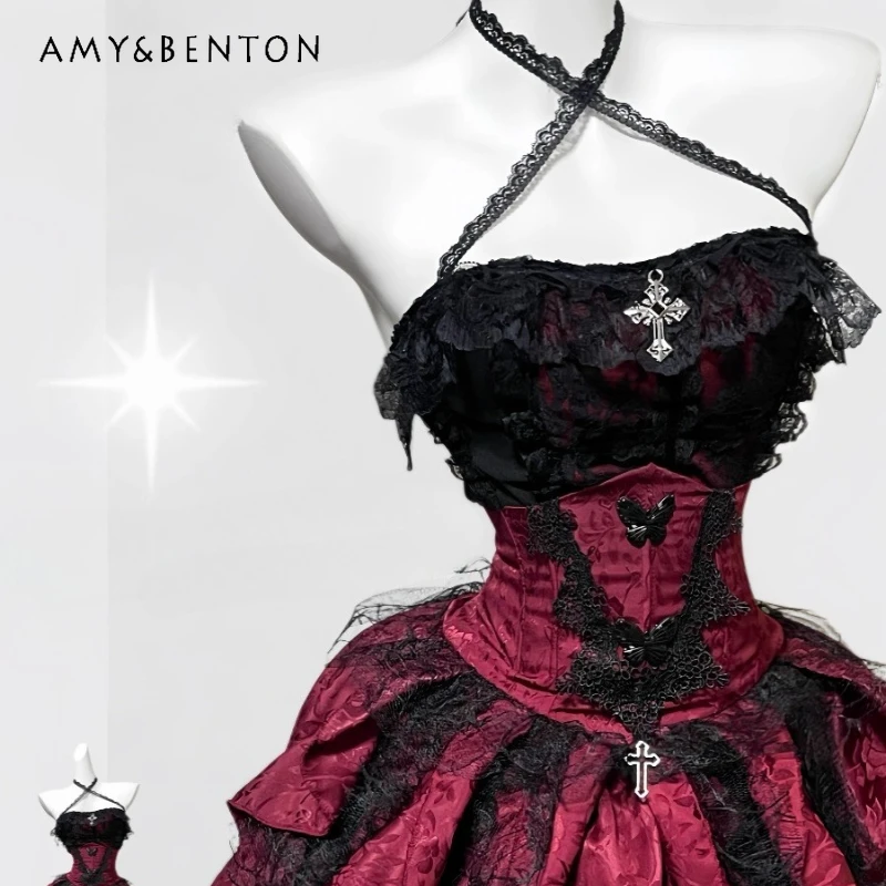 Dark Gothic Red Lace Hollow Out Halter Women's Tank Top Original Design New Waist-Cinching Sexy Irregular Half Skirt Suit Ladies
Dark Gothic Red Lace Hollow Out Halter Women's Tank Top Original Design New Waist-Cinching Sexy Irregular Half Skirt Suit Ladies