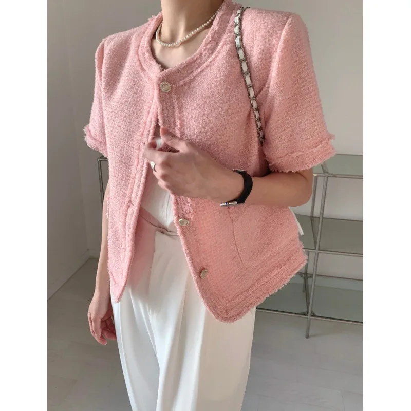 Summer Sweet Fragrance Jackets Round Collar Tassel Raw Edge Single Breasted Loose Short SleeveTweed Coat Women
Summer Sweet Fragrance Jackets Round Collar Tassel Raw Edge Single Breasted Loose Short SleeveTweed Coat Women