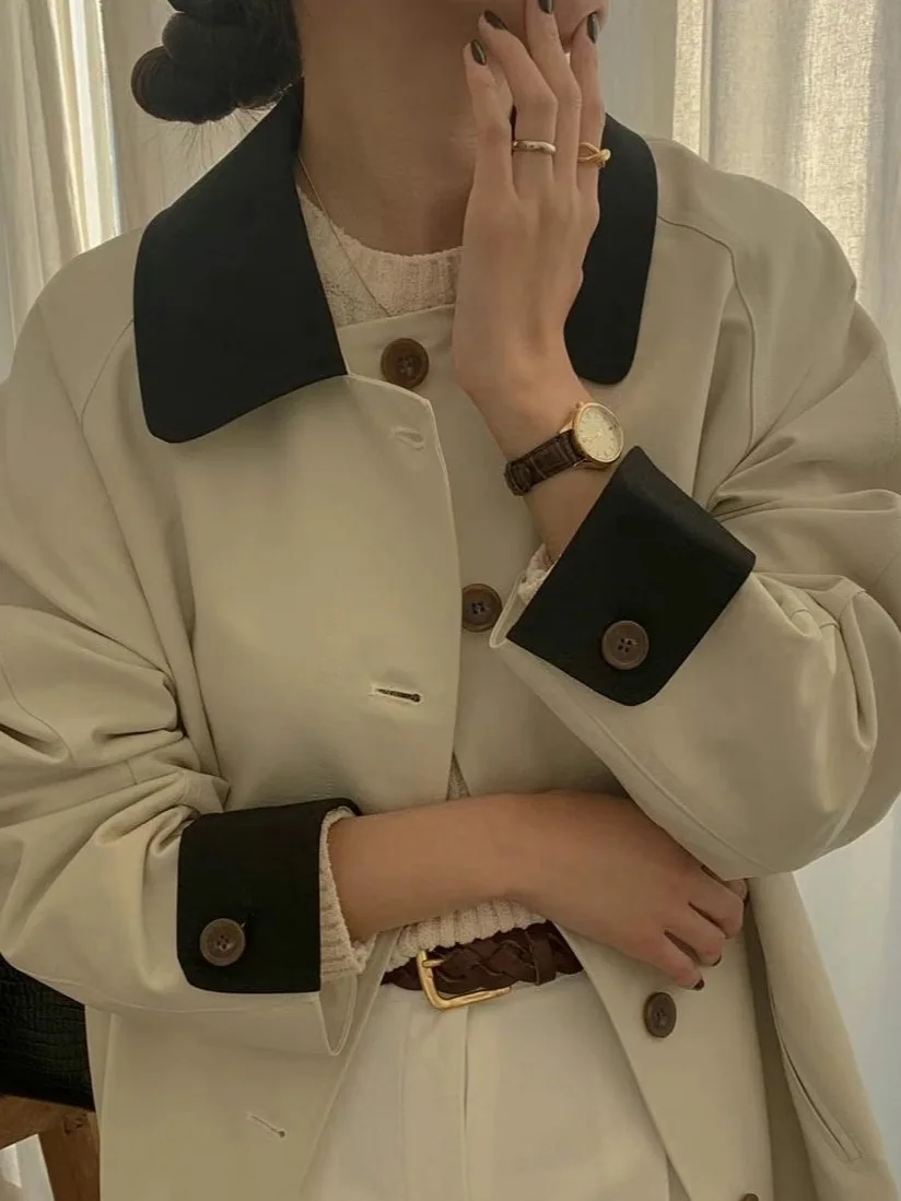 Retro Briti Sle Color Blo Collar Coat Chic Button Mid-Length Women's Windbreaker Outerwear Long Sve Color
Retro Briti Sle Color Blo Collar Coat Chic Button Mid-Length Women's Windbreaker Outerwear Long Sve Color