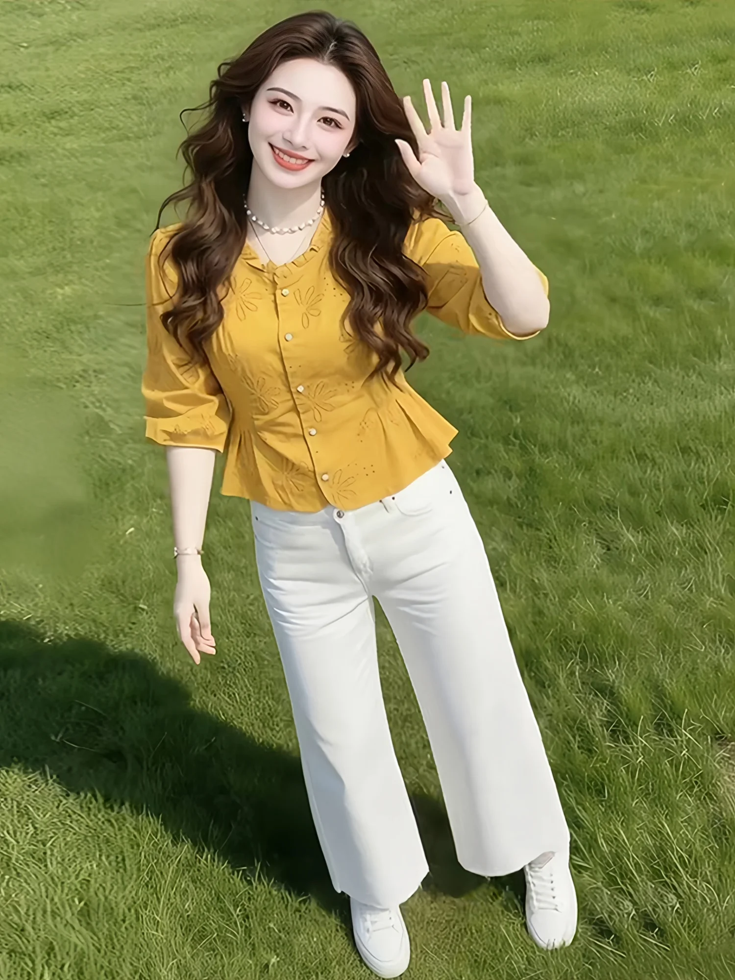 Elegant Yellow Embroidered Stand Collar Shirt Women's Summer Slim Fit Top with Gathered Waist And Short Sleeves Casual Style
Elegant Yellow Embroidered Stand Collar Shirt Women's Summer Slim Fit Top with Gathered Waist And Short Sleeves Casual Style