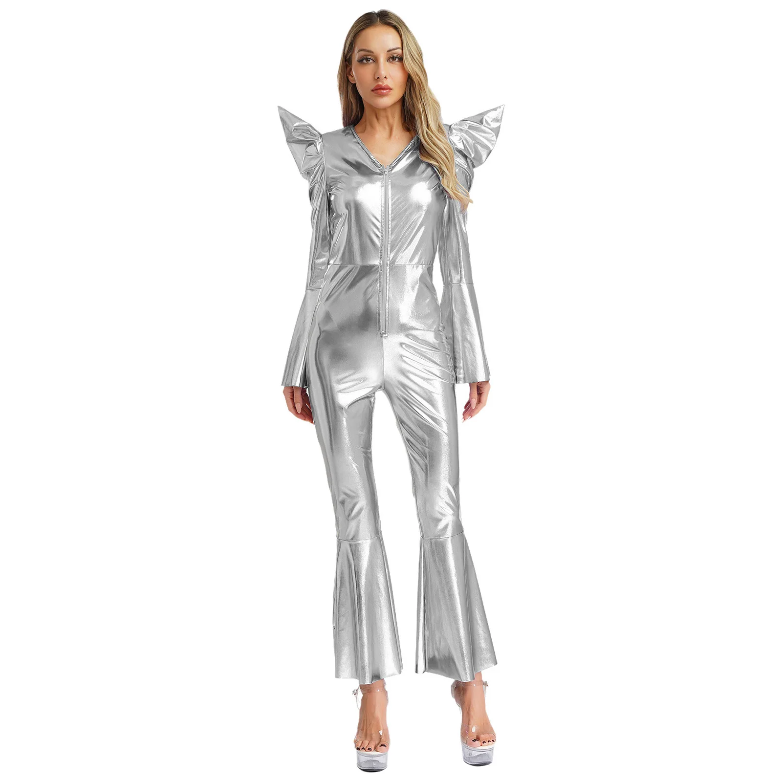 Women Shiny Disco Party Performance Dance Jumpsuit Long Sleeves Silver Metallic Alien Astronaut Role Play Carnival Costumes
Women Shiny Disco Party Performance Dance Jumpsuit Long Sleeves Silver Metallic Alien Astronaut Role Play Carnival Costumes
