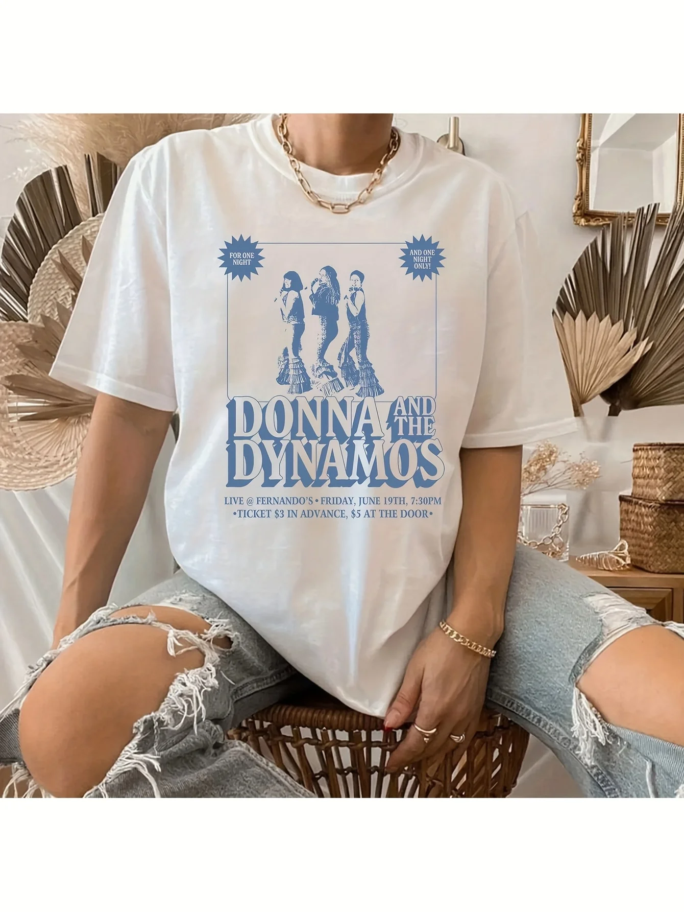 Vintage Donna and the Dynamos One Night Only T-Shirt - Mamma Mia! Movie Theme Graphic Print, White Casual
Vintage Donna and the Dynamos One Night Only T-Shirt - Mamma Mia! Movie Theme Graphic Print, White Casual