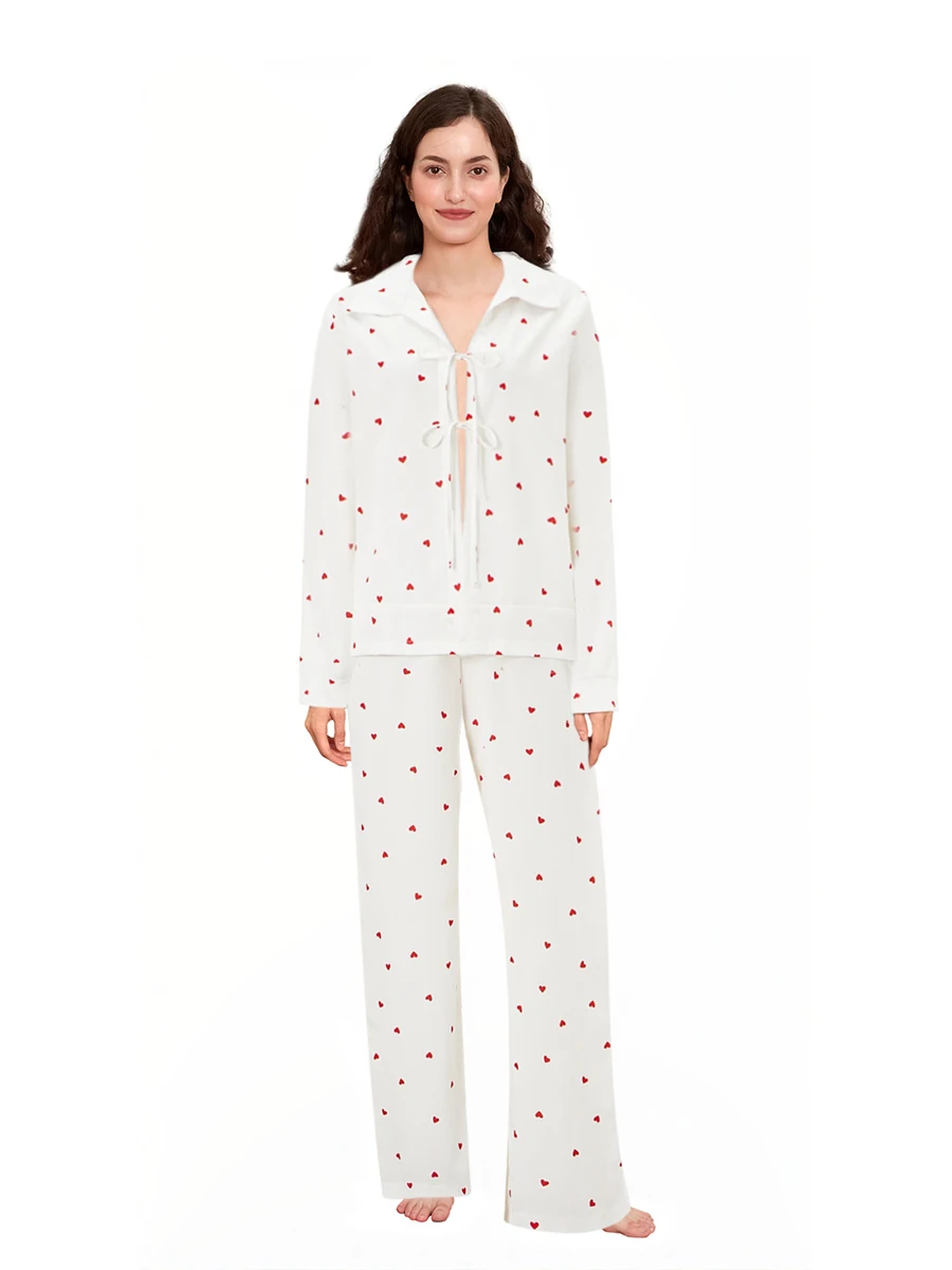 Women Spring Fall Pajama Set Heart Print Tie-Up Front Long Sleeve Tops Elastic Waist Loose Pants 2 Pieces Outfits
Women Spring Fall Pajama Set Heart Print Tie-Up Front Long Sleeve Tops Elastic Waist Loose Pants 2 Pieces Outfits