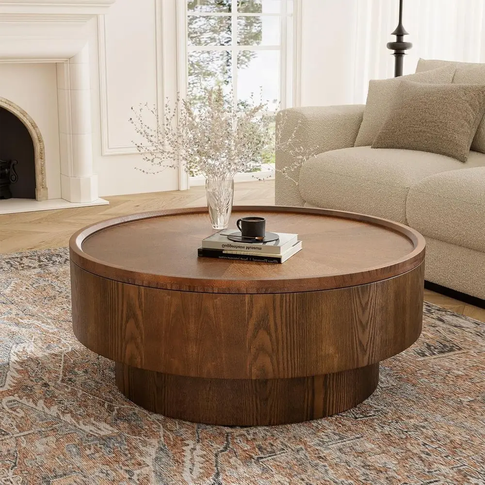 Round Coffee Table with Hidden Storage, Walnut Finish, Solid Wood Veneer, Pedestal Base, Easy Assembly
Round Coffee Table with Hidden Storage, Walnut Finish, Solid Wood Veneer, Pedestal Base, Easy Assembly