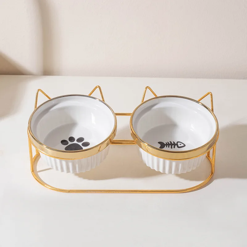 Electroplated Gold Elevated Ceramic Double Bowl Tilt Neck Protection Pet Food Water Feeder
Electroplated Gold Elevated Ceramic Double Bowl Tilt Neck Protection Pet Food Water Feeder