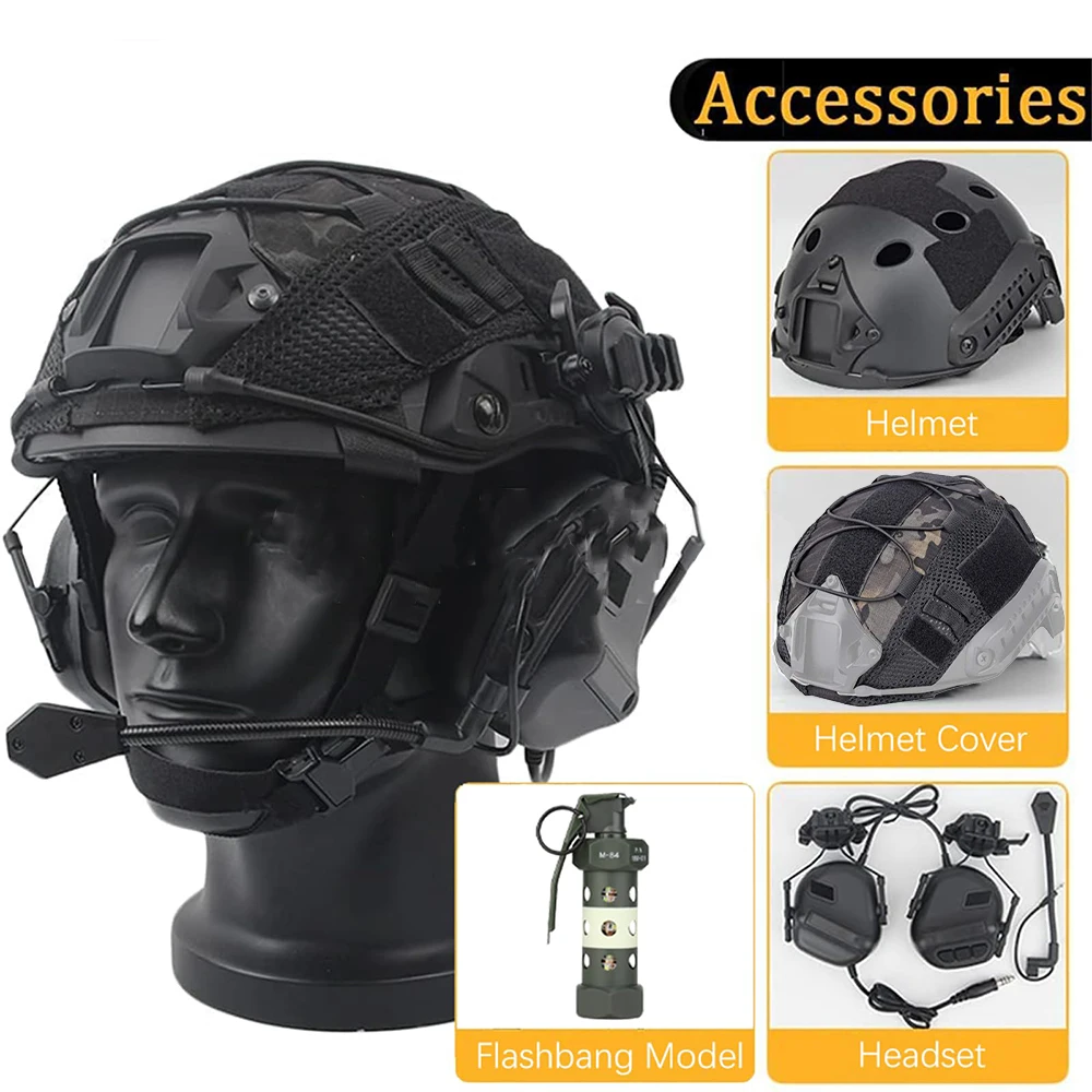 FAST Tactical Helmet Set with Communication Headset Helmet Cover Flashbang Model Light for Hunting Cs Paintball Shooting Games
FAST Tactical Helmet Set with Communication Headset Helmet Cover Flashbang Model Light for Hunting Cs Paintball Shooting Games