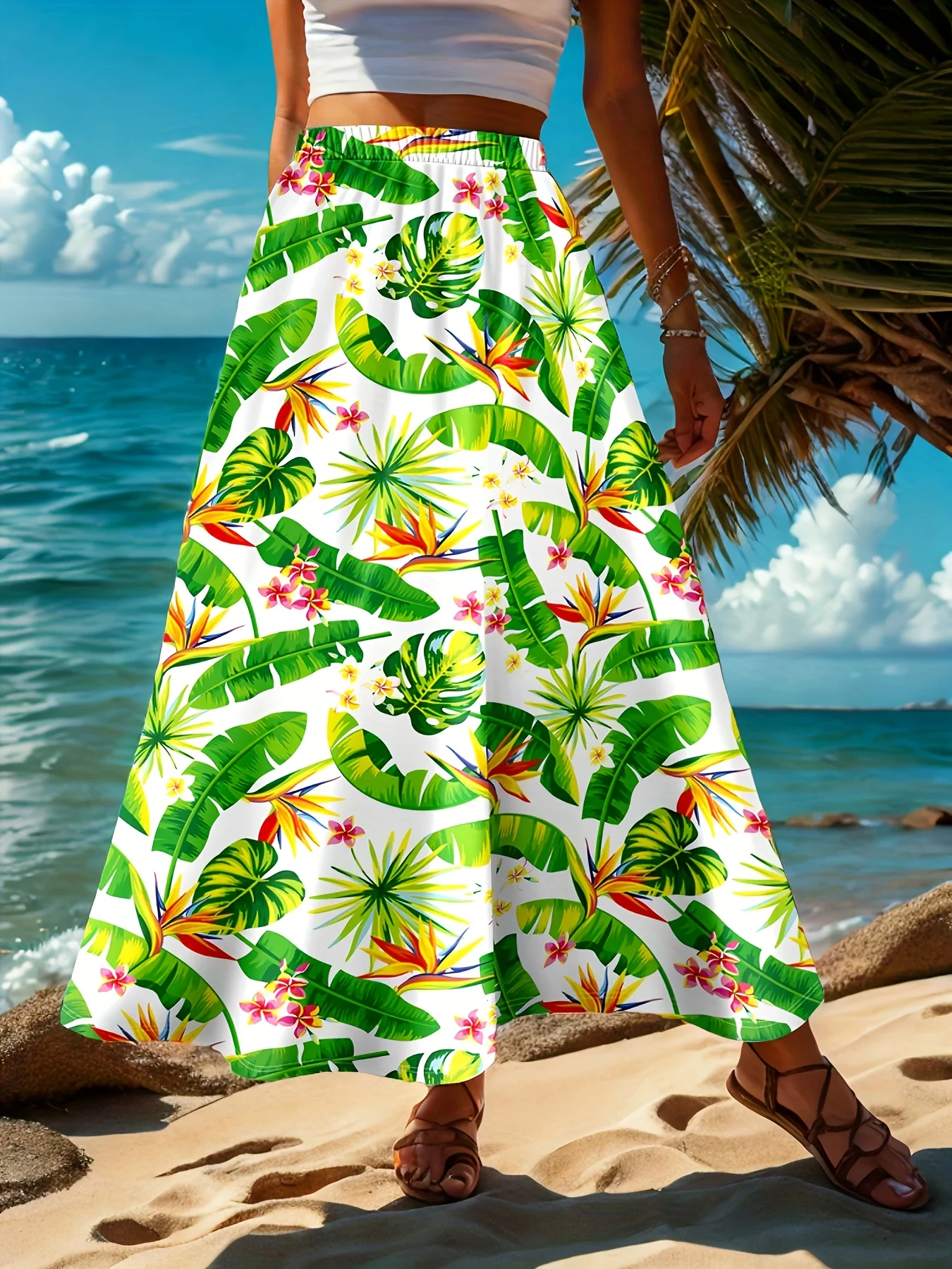 Women's Vibrant Tropical Bird-of-Paradise, Monstera & Palm Leaf Print High-Waist Elastic A-Line Vacation Maxi Skirt
Women's Vibrant Tropical Bird-of-Paradise, Monstera & Palm Leaf Print High-Waist Elastic A-Line Vacation Maxi Skirt