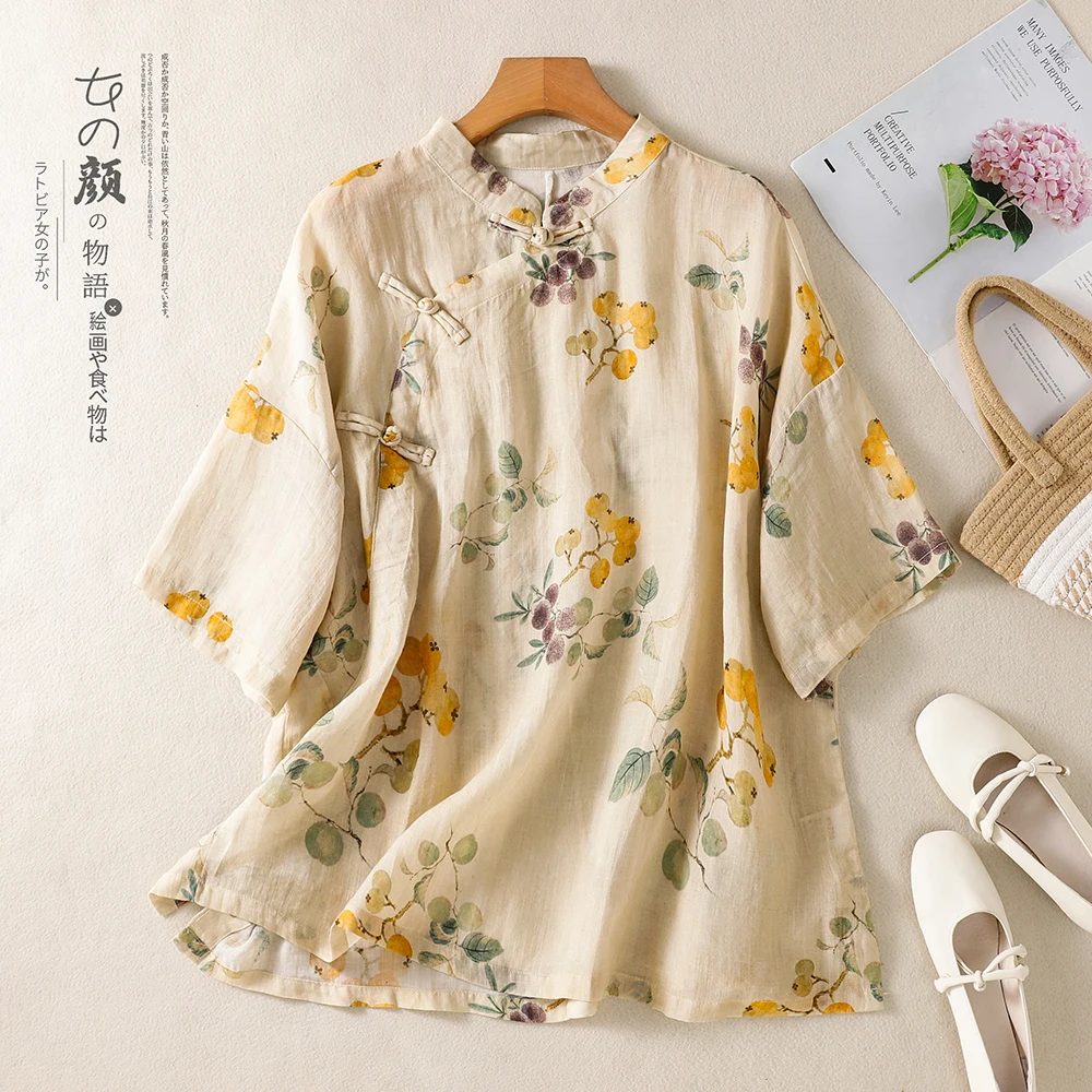 New Chinese Style Women's Cotton Linen Print Retro Stand Collar Side Button Loose Fit Five Sleeve Shirt Female Summer Breathable
New Chinese Style Women's Cotton Linen Print Retro Stand Collar Side Button Loose Fit Five Sleeve Shirt Female Summer Breathable