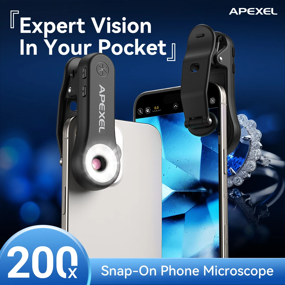 APEXEL 200X Zoom Jewelry Lens Microscope Lens Micro Triscope Lenses with LED Light/Universal Clip for iPhone Xiaomi Smartphones
APEXEL 200X Zoom Jewelry Lens Microscope Lens Micro Triscope Lenses with LED Light/Universal Clip for iPhone Xiaomi Smartphones