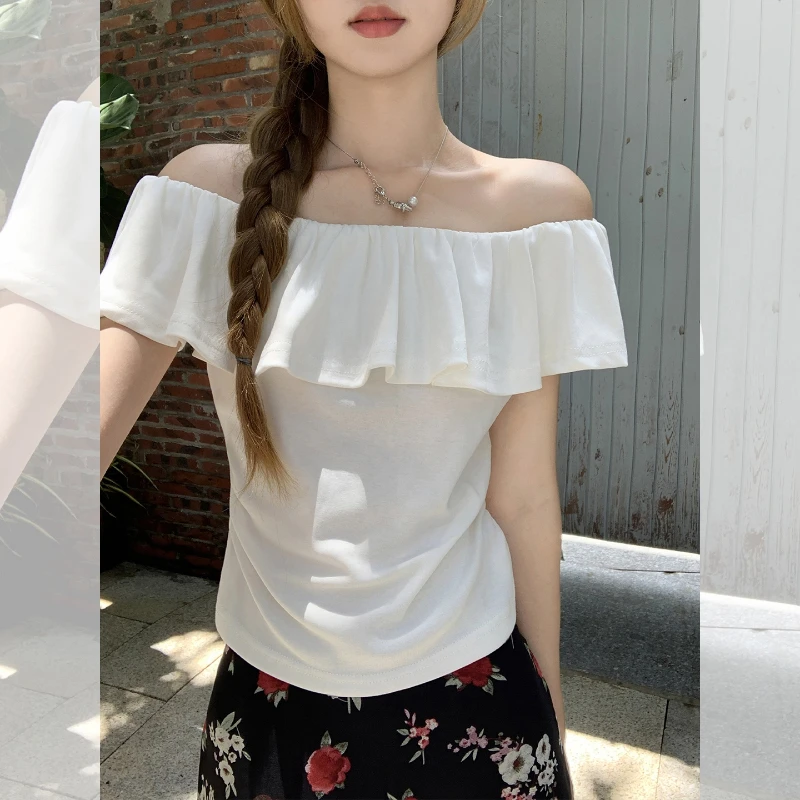 Korean Style Chic Slash Neck Ruffled Short Sleeve T-shirts Women New Fashion Summer Tshirt Ladies Solid Color Casual Tees Tops 
Korean Style Chic Slash Neck Ruffled Short Sleeve T-shirts Women New Fashion Summer Tshirt Ladies Solid Color Casual Tees Tops