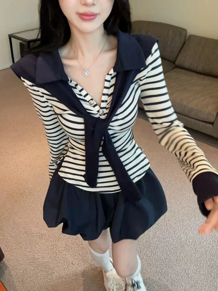 Fashionable Neck Striped Top And Shoulder Wrap Spring Autumn New Style Pure Desirable Flower Bud Skirt Set Women's Wear
Fashionable Neck Striped Top And Shoulder Wrap Spring Autumn New Style Pure Desirable Flower Bud Skirt Set Women's Wear
