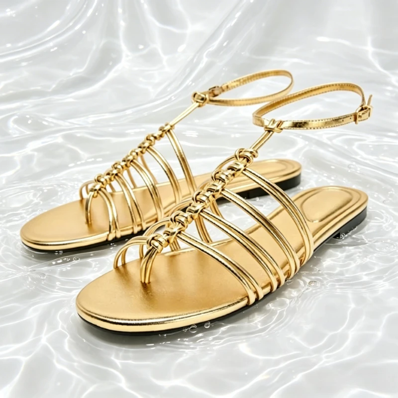 Gold Multi-straps Metallic Flat Sandals Women Novel Effect Knot Detail Ankle Strap Gladiator Sandals Sexy Clip-toe Flip Flops
Gold Multi-straps Metallic Flat Sandals Women Novel Effect Knot Detail Ankle Strap Gladiator Sandals Sexy Clip-toe Flip Flops