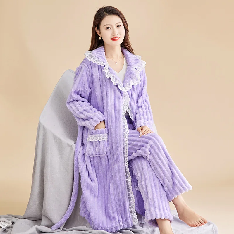 Winter New Thick Warm Flannel Women Robe Pants Lace Pajamas Set Coral Fleece Sleepwear Pijamas Suit Loose Home Clothes
Winter New Thick Warm Flannel Women Robe Pants Lace Pajamas Set Coral Fleece Sleepwear Pijamas Suit Loose Home Clothes