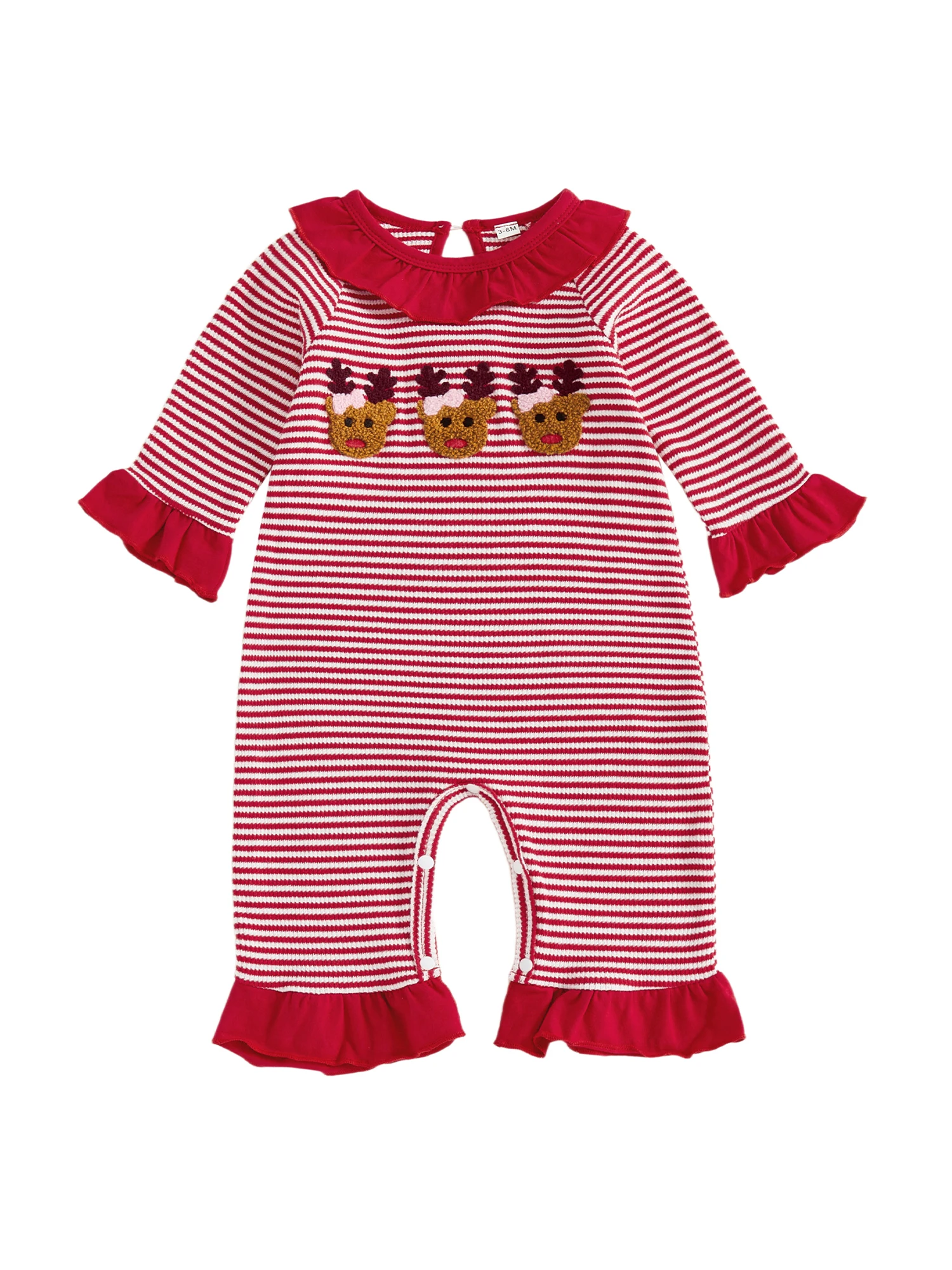 Infant Girls Holiday Striped Romper with Festive Reindeer Embroidery Long Sleeves and Ruffled Round Neck - Adorable Christmas
Infant Girls Holiday Striped Romper with Festive Reindeer Embroidery Long Sleeves and Ruffled Round Neck - Adorable Christmas