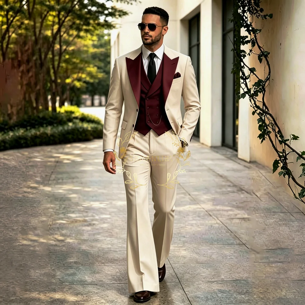 Beige Men's Suit Costumes 3 Pieces Blazer Burgundy Vest Pants Wedding Tuxedos Formal Male Dress Suit for Wedding Groomsmen Prom
Beige Men's Suit Costumes 3 Pieces Blazer Burgundy Vest Pants Wedding Tuxedos Formal Male Dress Suit for Wedding Groomsmen Prom